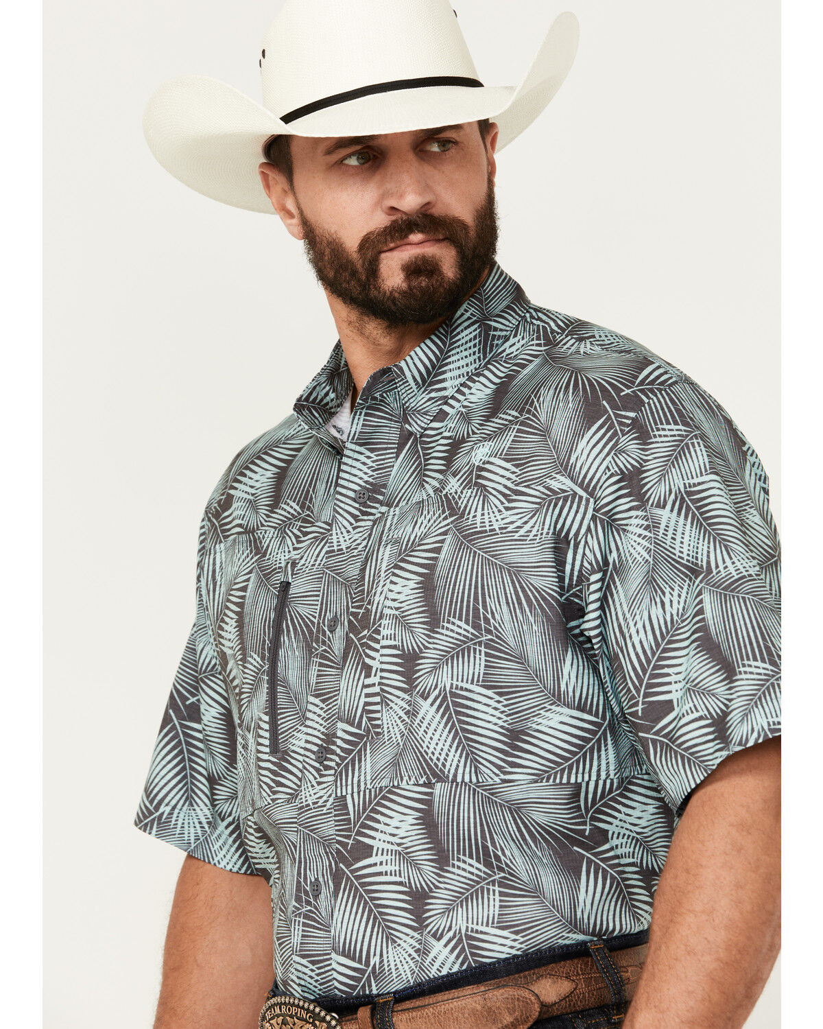Image #2 - Ariat Men's VentTEK Classic Fit Palm Leaf Short Sleeve Performance Shirt, Mint, hi-res