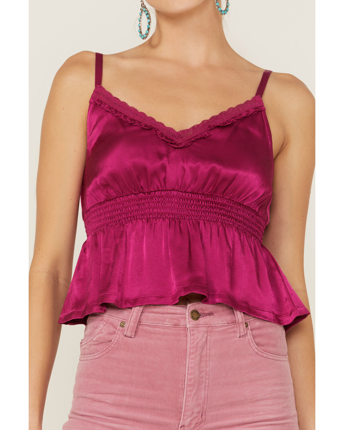 Image #2 - Shyanne Women's Fuchsia Satin Smocked Empire Cami, Fuchsia, hi-res
