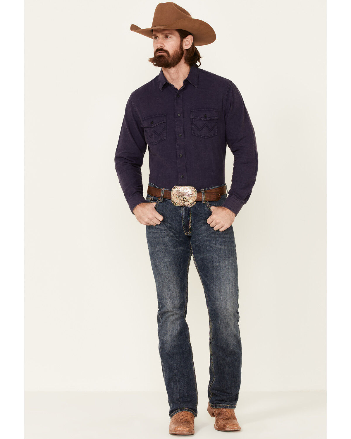 Image #2 - Wrangler Retro Premium Men's Solid Long Sleeve Button-Down Western Shirt, Blue, hi-res