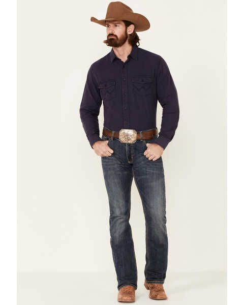 Image #2 - Wrangler Retro Premium Men's Solid Long Sleeve Button-Down Western Shirt , Blue, hi-res