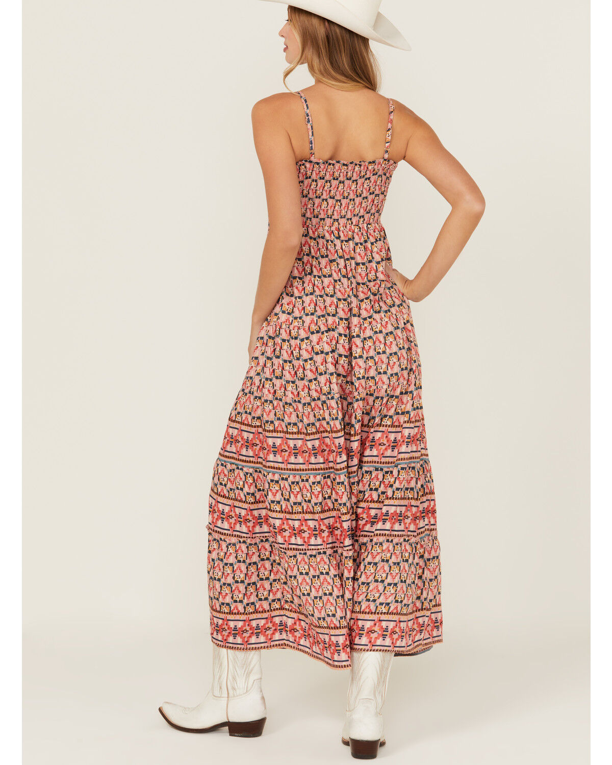 Image #4 - Angie Women's Printed Smocked Front Maxi Dress, Pink, hi-res