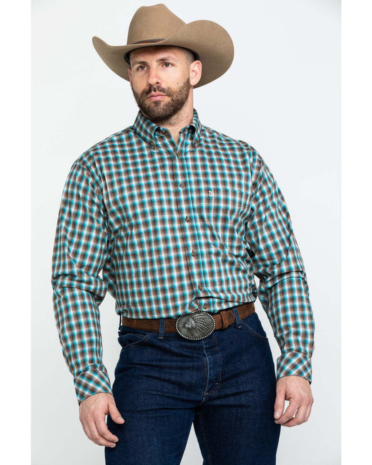 Image #1 - Tuf Cooper Men's Competition Brown Check Plaid Long Sleeve Western Shirt, Brown, hi-res