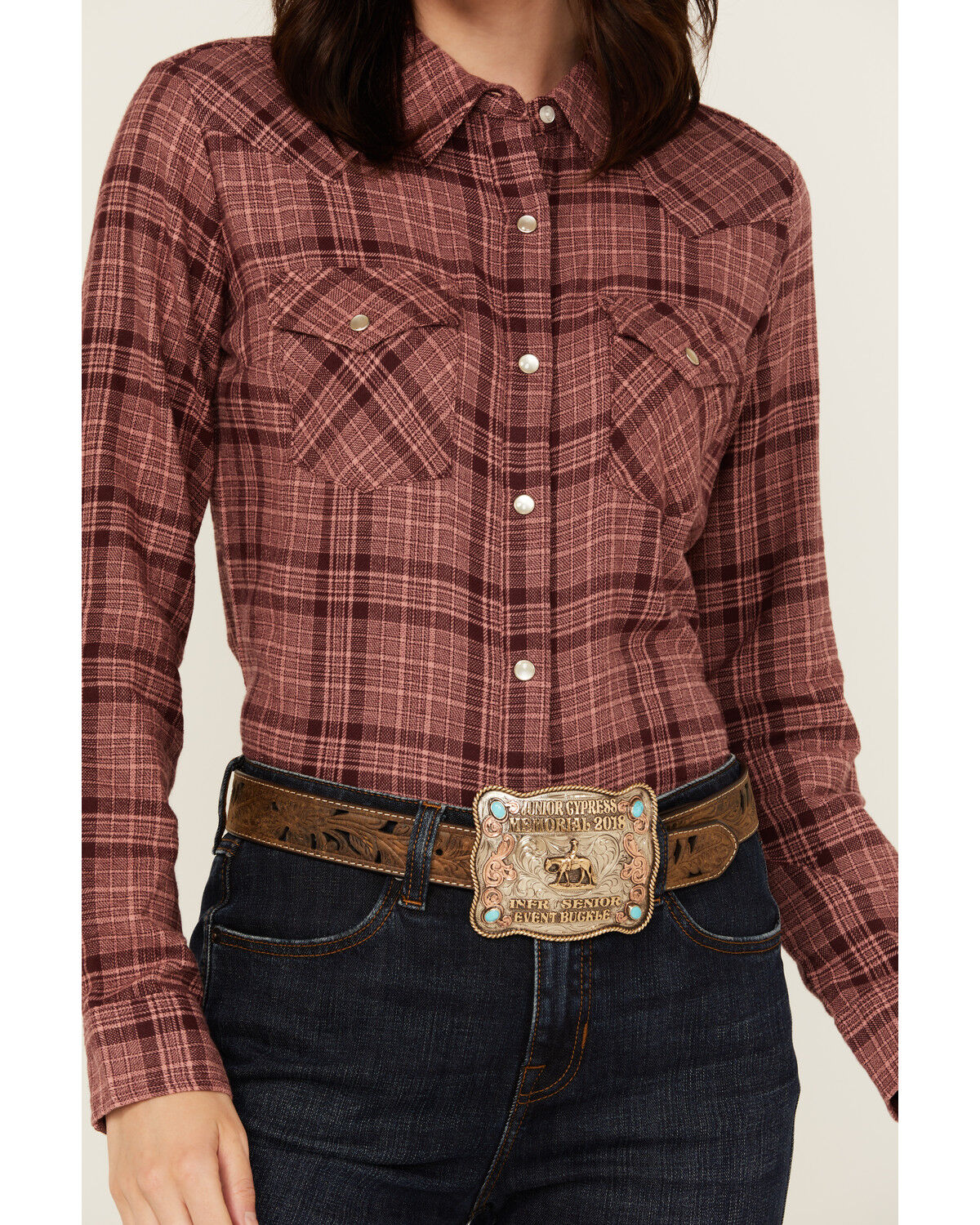 Image #3 - Wrangler Women's Plaid Print Long Sleeve Pearl Snap Flannel Shirt, Medium Pink, hi-res