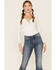 Driftwood Women’s Medium Wash Suede Patchwork Flare Jeans , Blue, hi-res