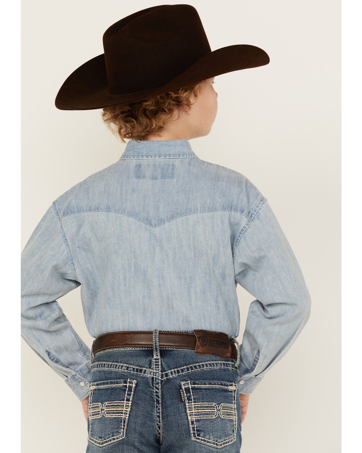 Image #4 - Rock & Roll Denim Boys' Light Wash Denim Long Sleeve Pearl Snap Western Shirt, Blue, hi-res