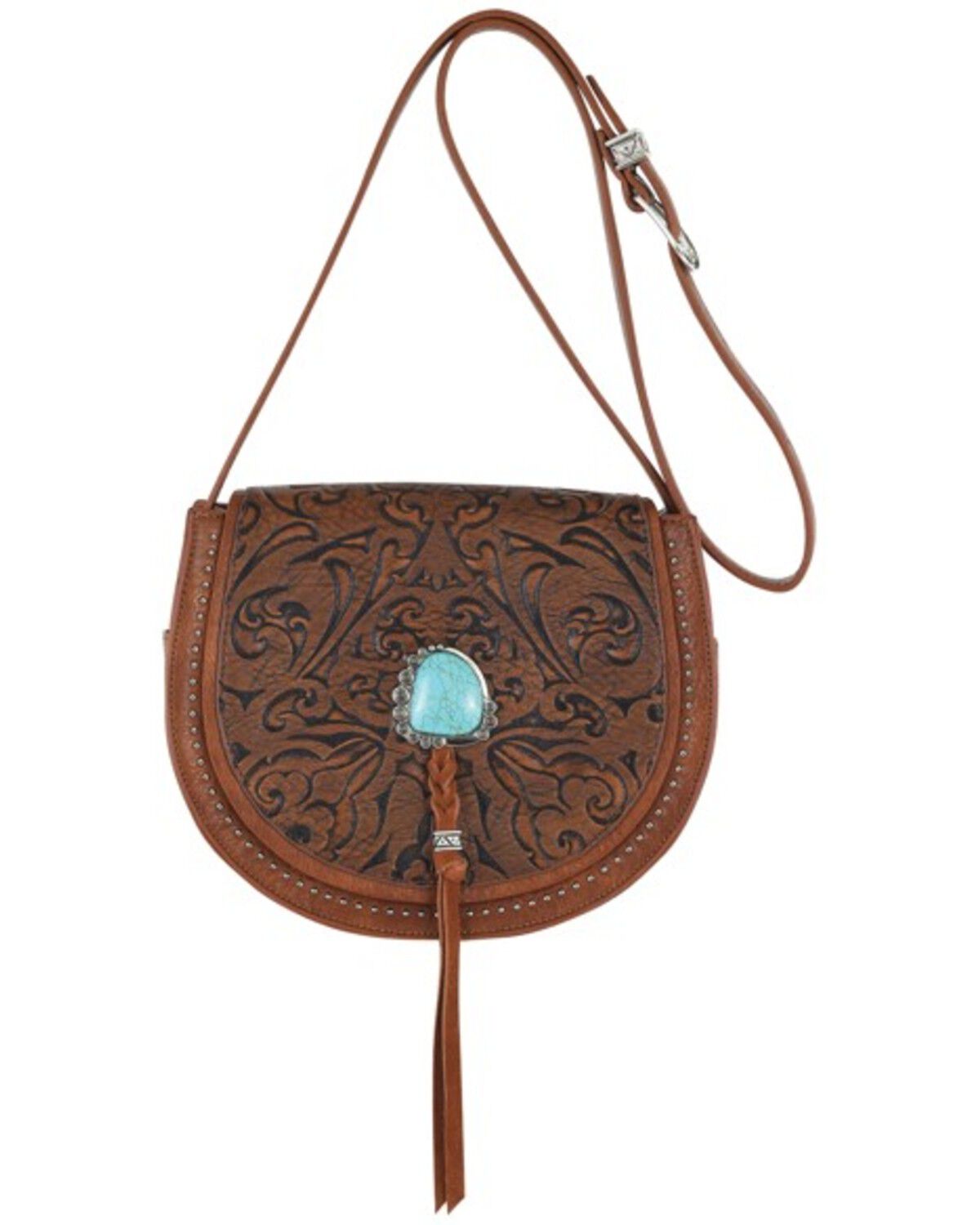 Image #1 - Catchfly Women's Faux Stone Embossed Saddle Bag, Brown, hi-res