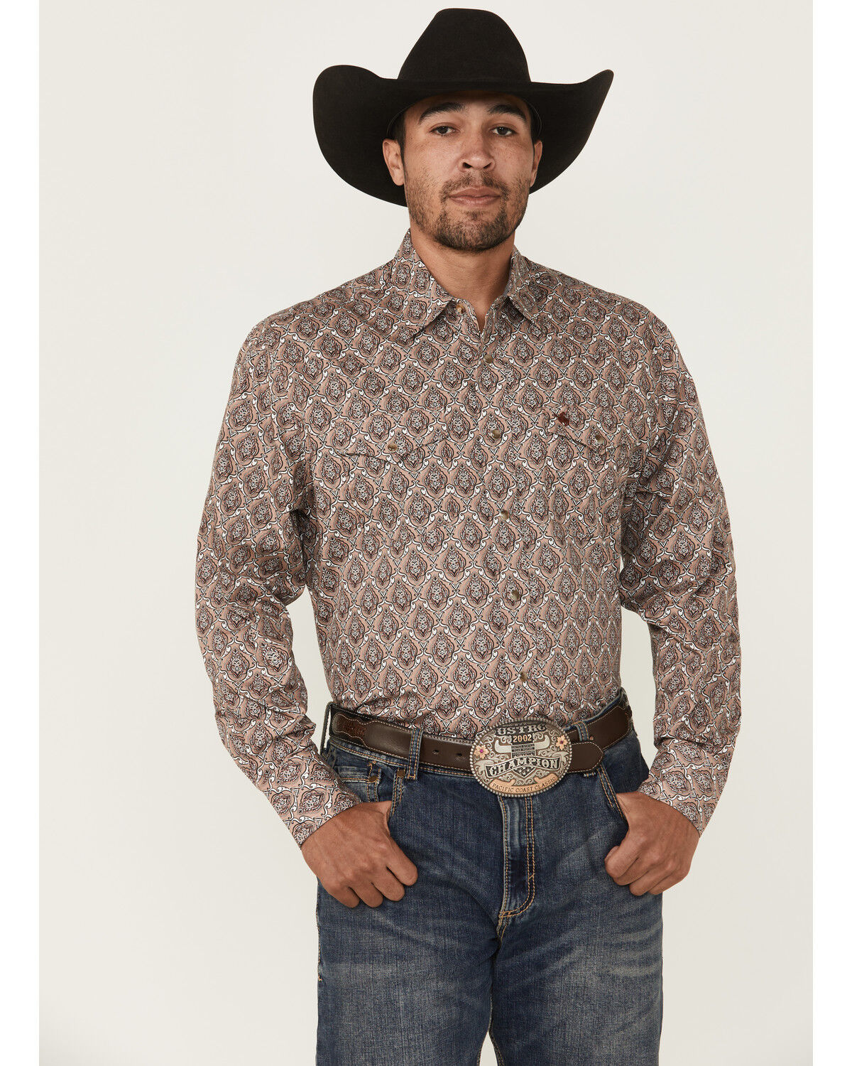 Image #1 - Rodeo Clothing Men's Paisley Print Long Sleeve Snap Western Shirt, Tan, hi-res