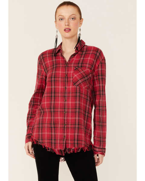 Angie Women's Fray Hem Plaid Print Long Sleeve Shirt, Red, hi-res