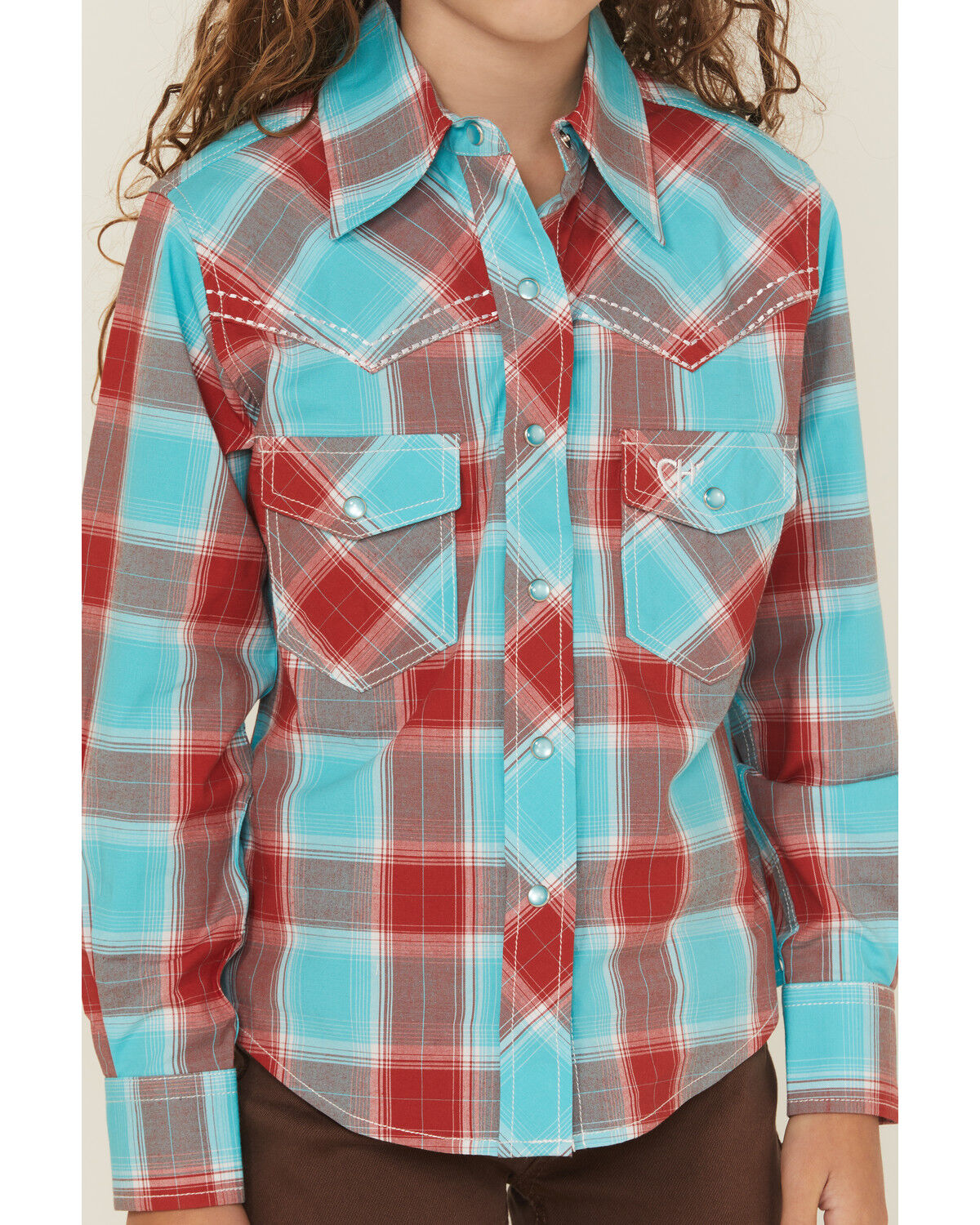 Image #3 - Cowgirl Hardware Girls' Plaid Print Long Sleeve Pearl Snap Stretch Western Shirt, Red, hi-res