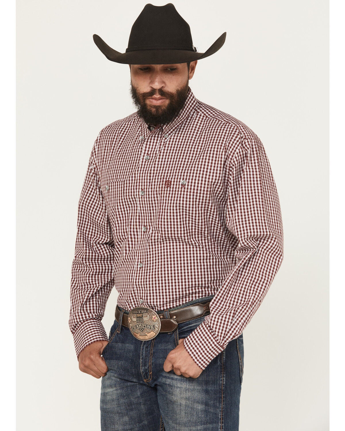 Image #1 - George Strait Wrangler Men's Checkered Long Sleeve Button-Down Stretch Western Shirt - Big, Wine, hi-res