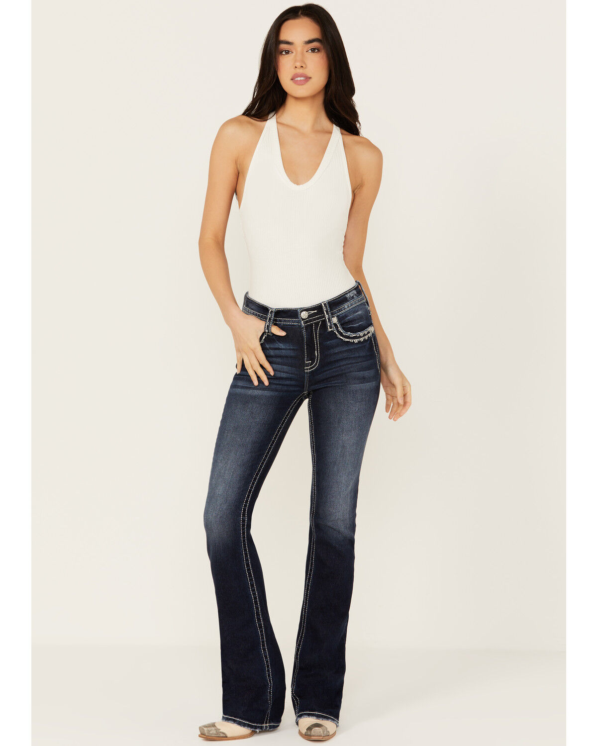 国内外の人気集結！ Me Miss Women's Pocket Stitch Wire Barbed Rise Mid Wash Dark バット