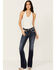 Image #3 - Miss Me Women's Dark Wash Mid Rise Barbed Wire Stitch Pocket Bootcut Stretch Denim Jeans, , hi-res
