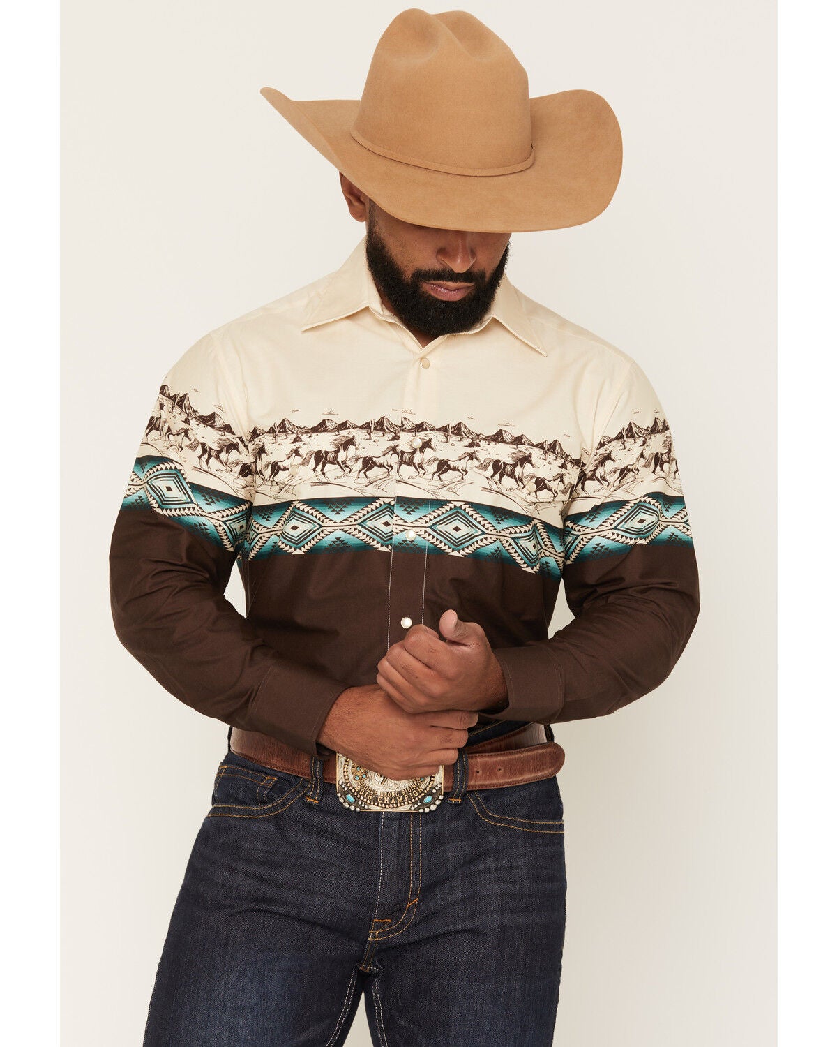 Image #1 - Panhandle Slim Men's Southwestern Horse Border Print Long Sleeve Pearl Snap Western Shirt, Brown, hi-res