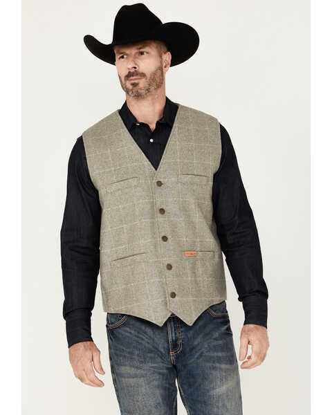 Image #1 - Powder River Outfitters Men's Plaid Print Wool Vest, Tan, hi-res