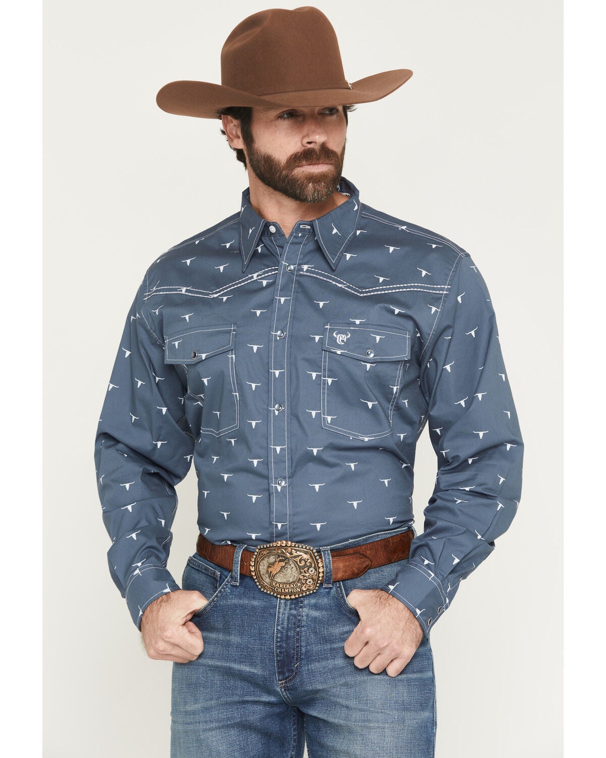 Image #1 - Cowboy Hardware Men's Skull Print Long Sleeve Snap Stretch Western Shirt, Slate, hi-res
