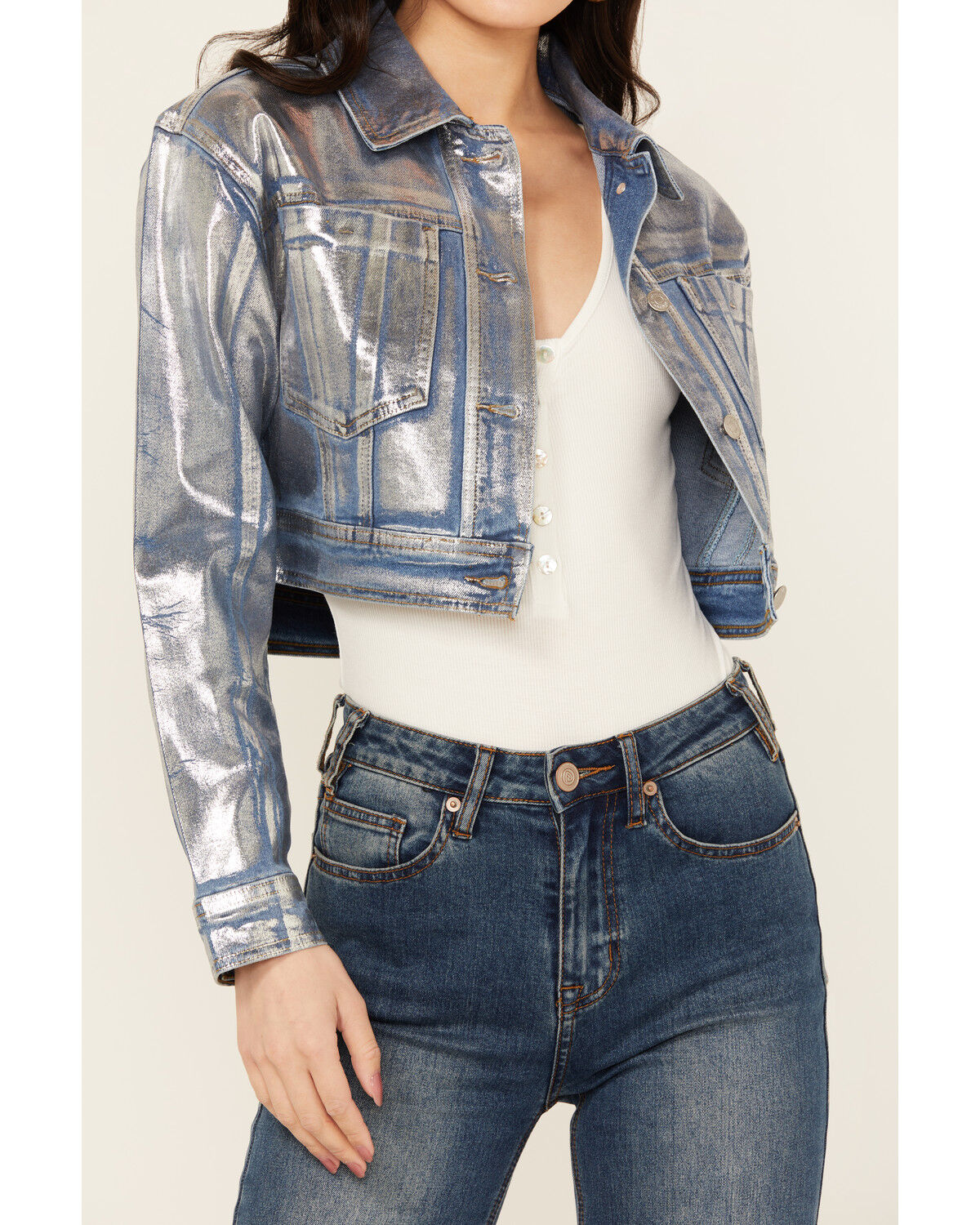 Image #3 - Vibrant Denim Women's Metallic Cropped Denim Jacket, Medium Wash, hi-res