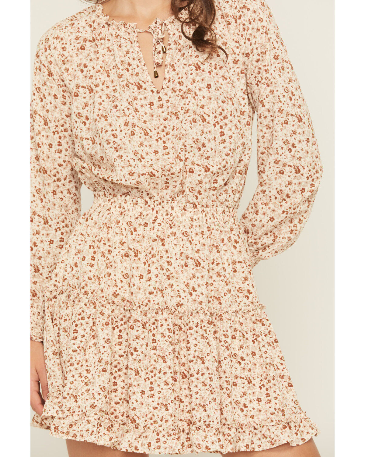 Image #3 - Yura Women's Floral Print Long Sleeve Smocked Mini Dress, Cream, hi-res