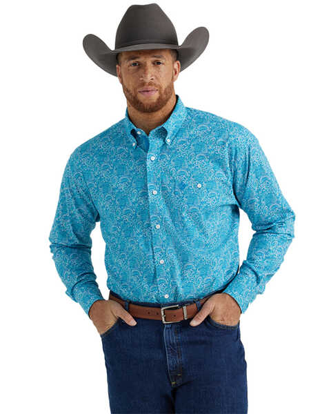 George Strait by Wrangler Men's Paisley Print Long Sleeve Button-Down Stretch Western Shirt - Tall , Turquoise, hi-res