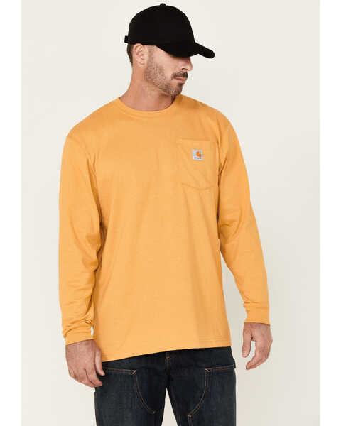 Image #1 - Carhartt Men's Loose Fit Heavyweight Long Sleeve Logo Pocket Work T-Shirt, Yellow, hi-res