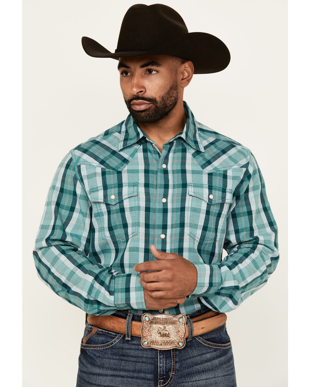 Image #1 - Wrangler Retro Men's Plaid Print Long Sleeve Snap Western Shirt - Tall, Turquoise, hi-res