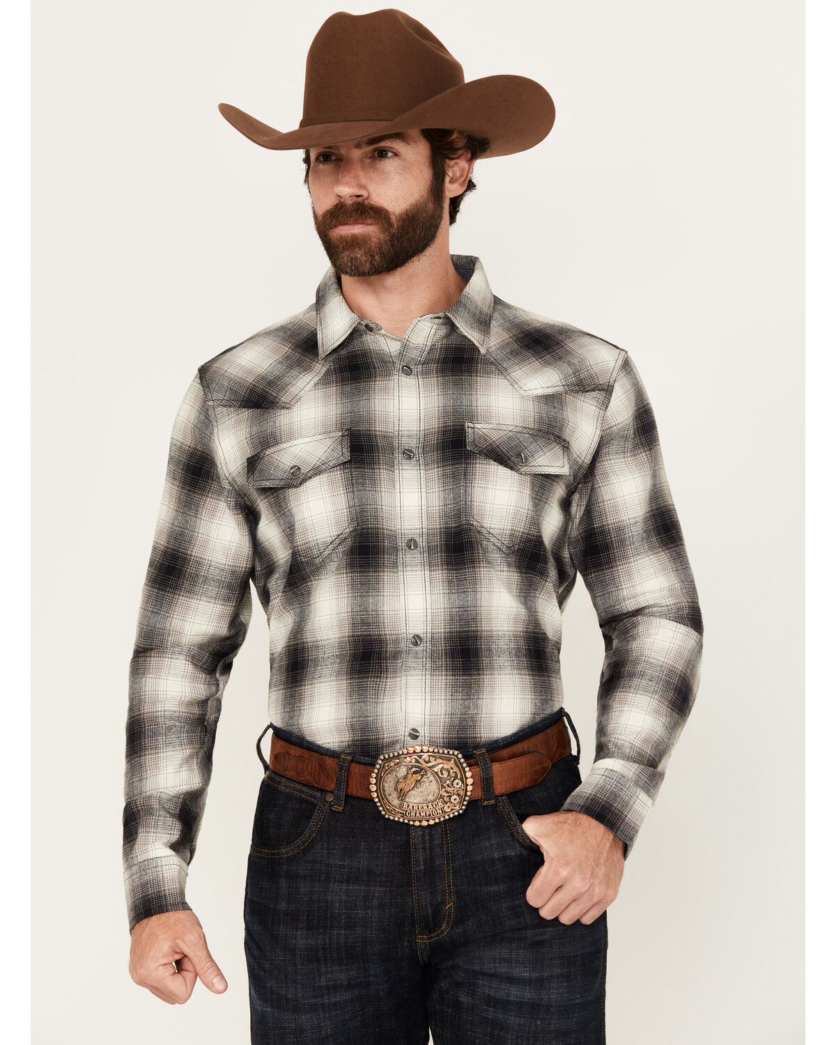 Image #1 - Cody James Men's Concho Plaid Print Long Sleeve Snap Western Shirt - Big, Cream, hi-res