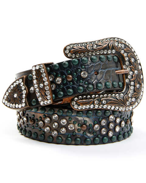 Image #1 - Shyanne Women's Copper Distressed Croc Turquoise & Rhinestone Bling Belt, Brown, hi-res