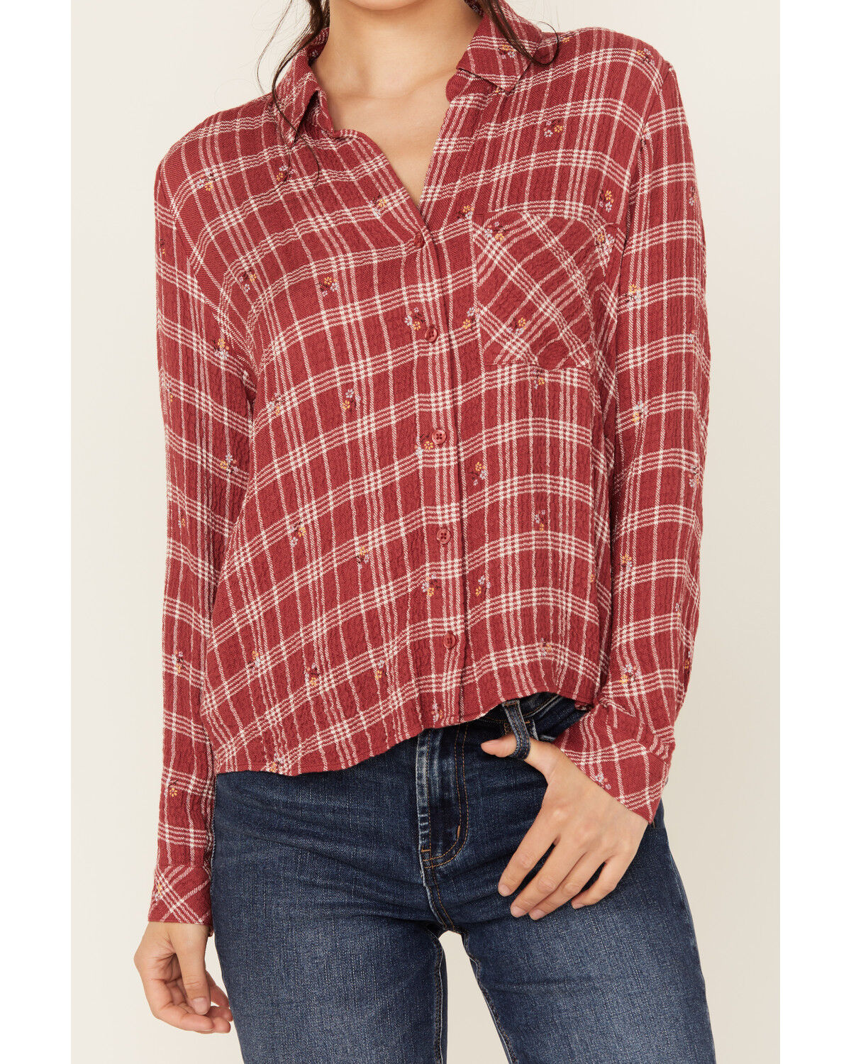 Image #3 - Beyond The Radar Women's Plaid Print Floral Long Sleeve Button-Down Shirt, Burgundy, hi-res
