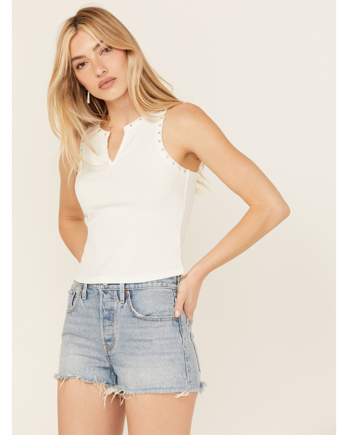 Image #1 - Miss Me Women's Rhinestone Tank Top, White, hi-res