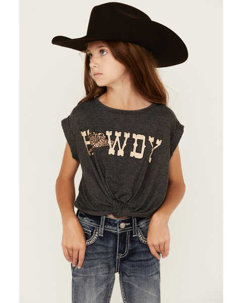 Saints & Hearts Girls' Howdy Tie Front Short Sleeve Graphic Tee, Charcoal, hi-res