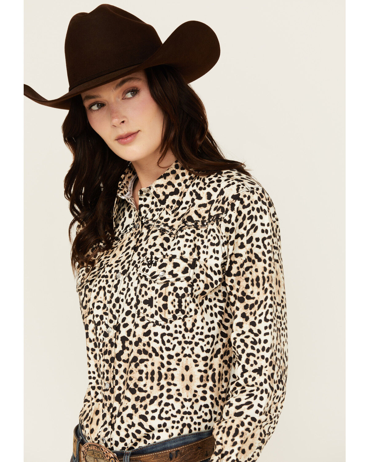 Image #2 - Cowgirl Hardware Women's Leopard Print Long Sleeve Snap Western Shirt, Natural, hi-res