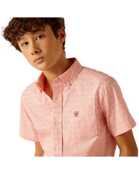 Image #2 - Ariat Boys' Kamden Southwestern Print Short Sleeve Button-Down Western Shirt , Coral, hi-res