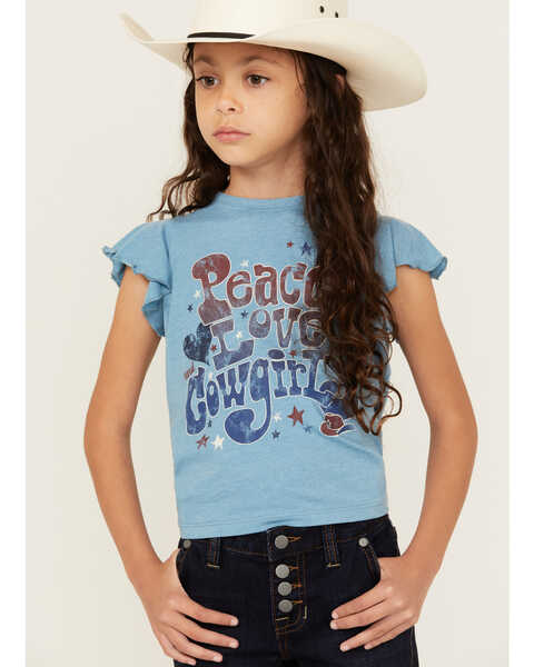 Shyanne Girls' Peace Love Cowgirls Flutter Sleeve Graphic Tee, Light Blue, hi-res