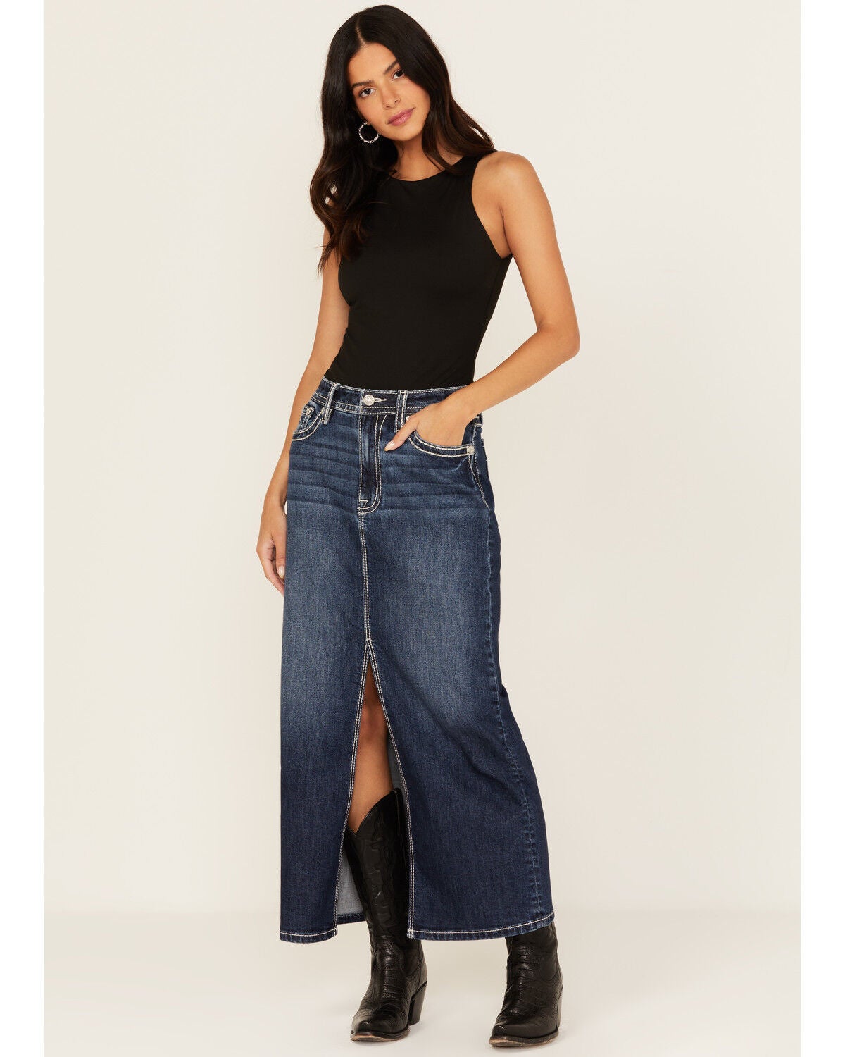 Miss Me Women's Dark Wash Denim Midi Skirt, Dark Wash, hi-res