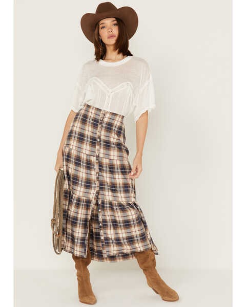 Image #2 - Cleo + Wolf Women's Plaid Print Button Front Midi Skirt, Blush, hi-res