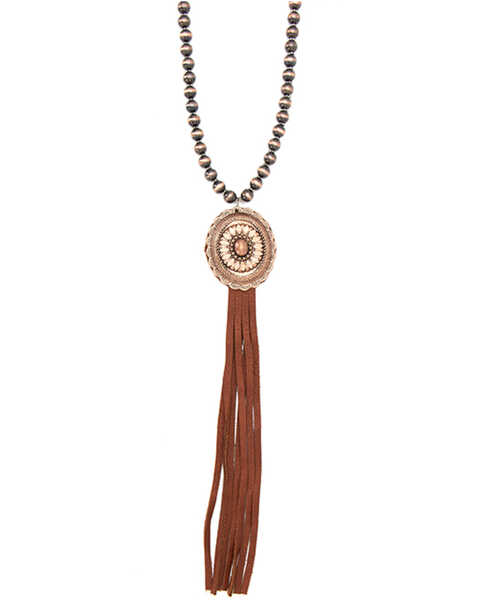 Image #1 - Cowgirl Confetti Women's Copper Beaded Concho & Brown Leather Tassel Necklace, Bronze, hi-res
