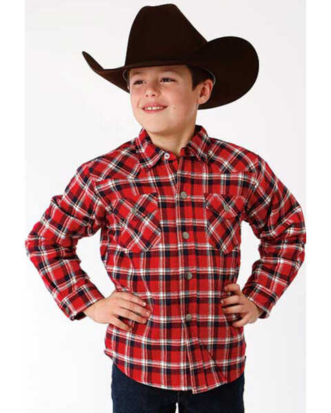 Roper Boys' Plaid Long Sleeve Snap Western Lined Shirt Jacket , Red, hi-res