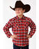 Image #1 - Roper Boys' Plaid Print Long Sleeve Snap Western Lined Shirt Jacket , Red, hi-res