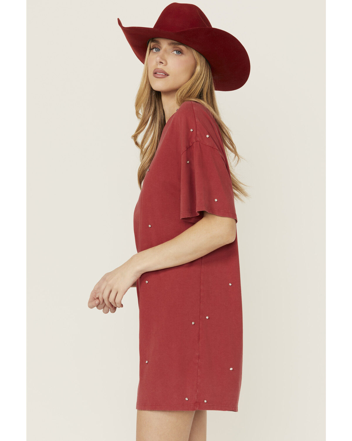 Image #2 - Rock & Roll Denim Women's Rhinestone Short Sleeve T-Shirt Mini Dress, Red, hi-res