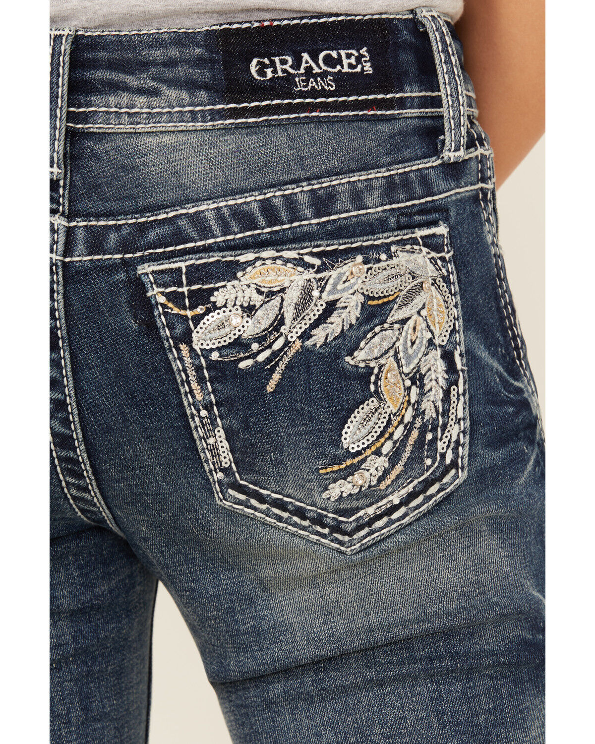 Image #2 - Grace In LA Girls' Leaf Embroidered Flare Stretch Denim Jeans, Blue, hi-res