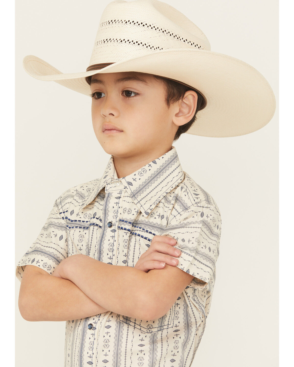 Image #2 - Cowboy Hardware Boys' Stripe Southwestern Print Short Sleeve Snap Stretch Western Shirt, Cream, hi-res