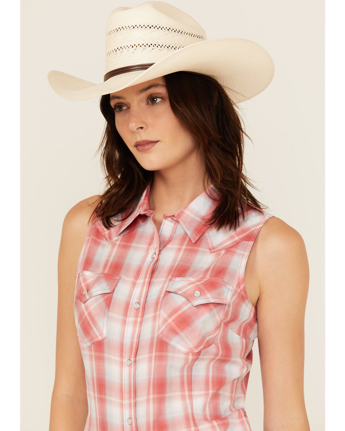 Image #2 - Wrangler Retro Women's Boot Barn Exclusive Plaid Print Sleeveless Pearl Snap Shirt, Red, hi-res