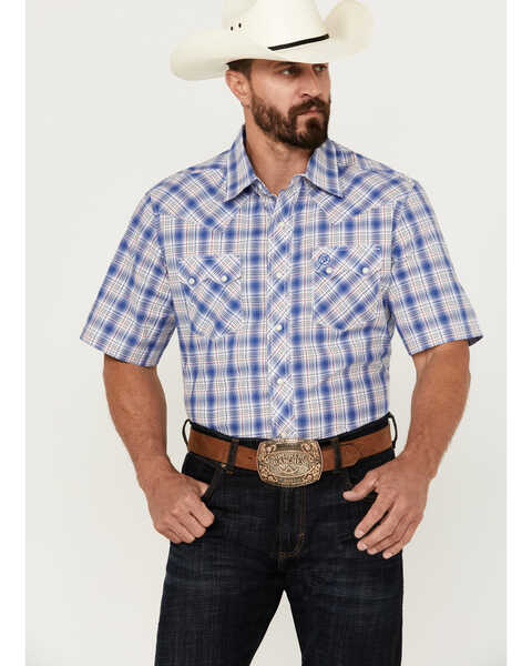 Wrangler Retro Men's Plaid Print Short Sleeve Pearl Snap Western Shirt, Blue, hi-res