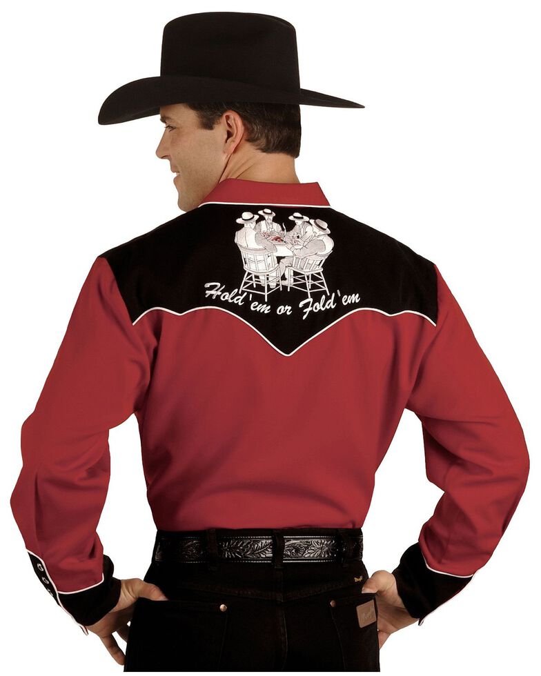 Scully Men's Poker Cards Embroidered Retro Long Sleeve Western Shirt , Red, hi-res
