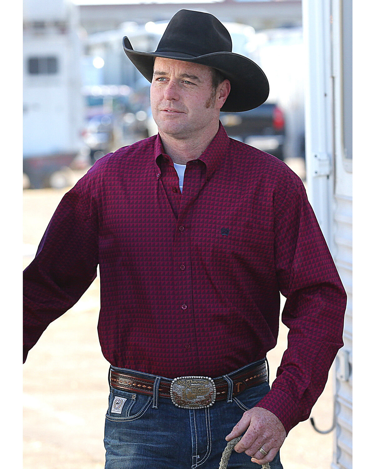 Image #1 - Cinch Men's Burgundy Plain Weave Printed Long Sleeve Shirt, Red, hi-res