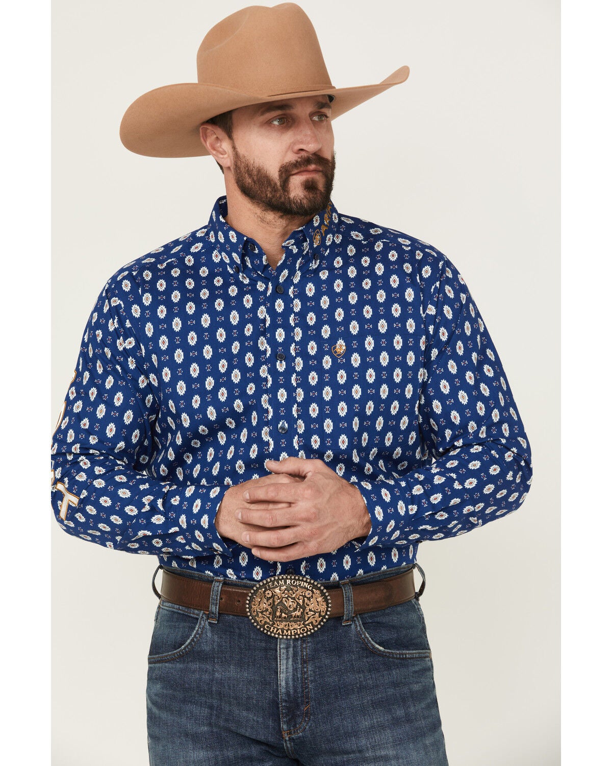 Image #2 - Ariat Men's Team Dax Southwestern Logo Long Sleeve Button-Down Western Shirt, Navy, hi-res