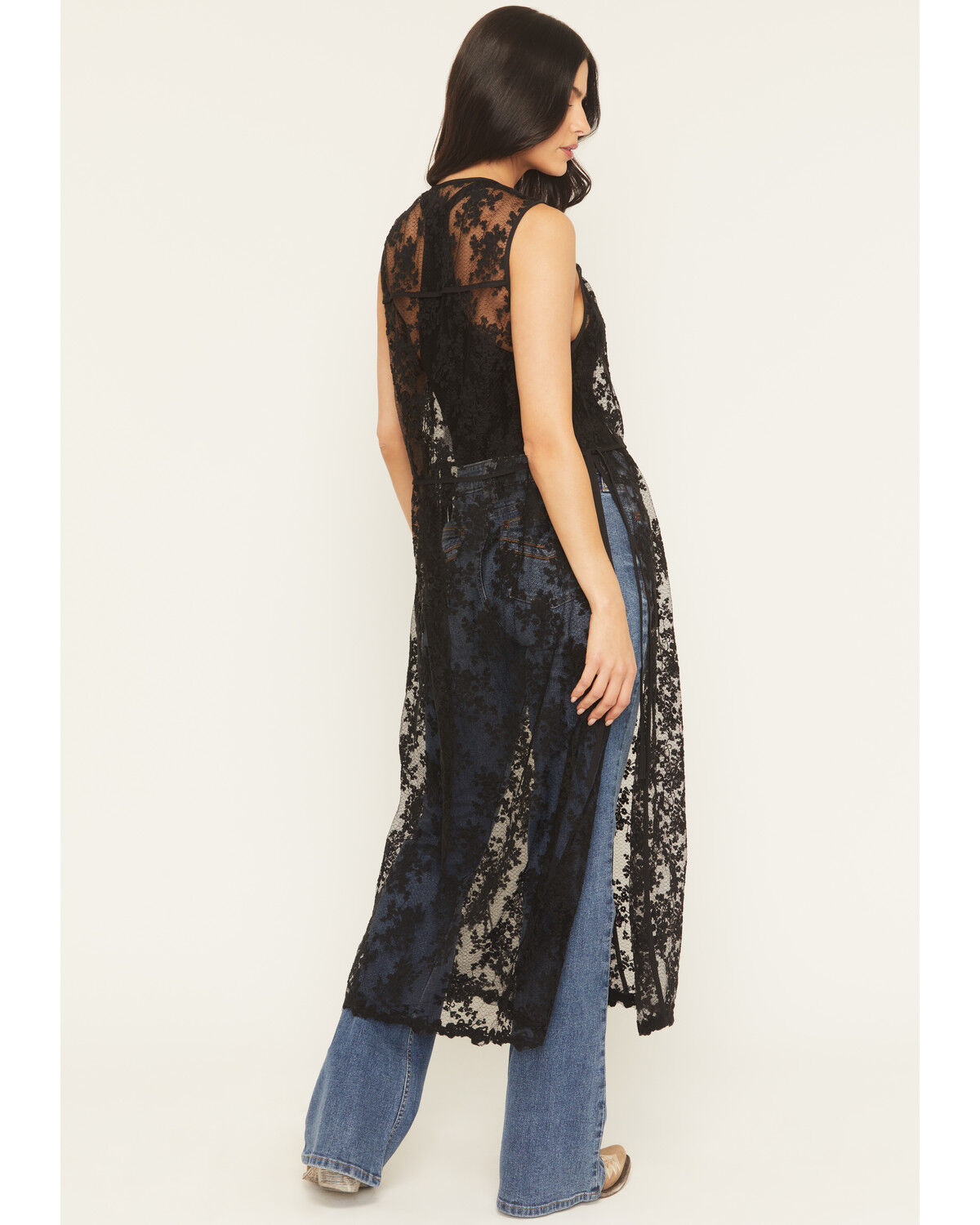 Image #4 - Listicle Women's Sleeveless Floral Lace Tie Front Kimono, Black, hi-res