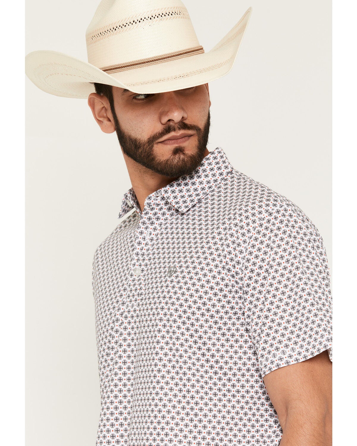 Image #2 - Ariat Men's All Over Medallion Print Classic Fit Short Sleeve Button-Down Polo Shirt, White, hi-res