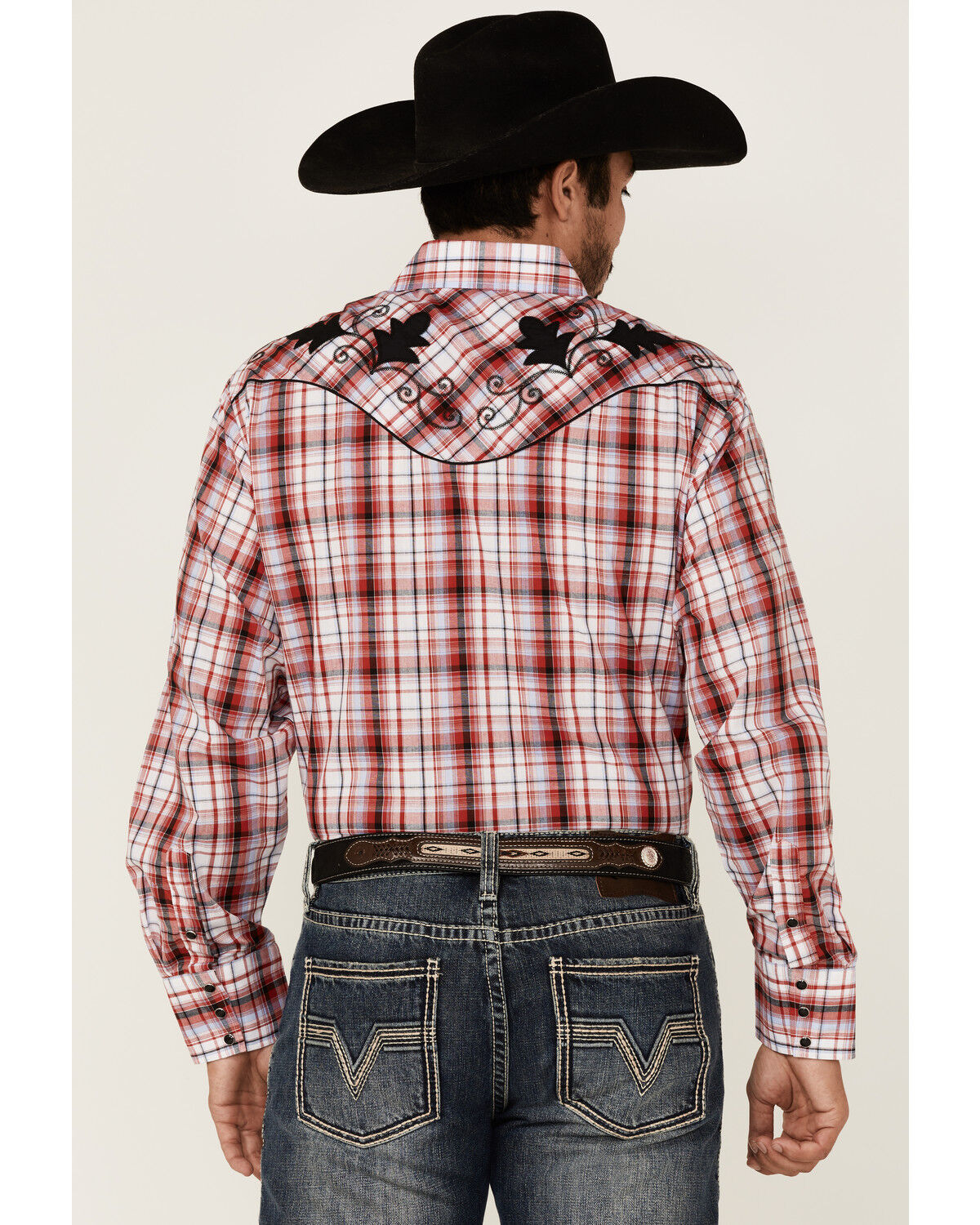 Image #4 - Roper Men's Plaid Print Embroidered Applique Long Sleeve Snap Western Shirt, Red, hi-res