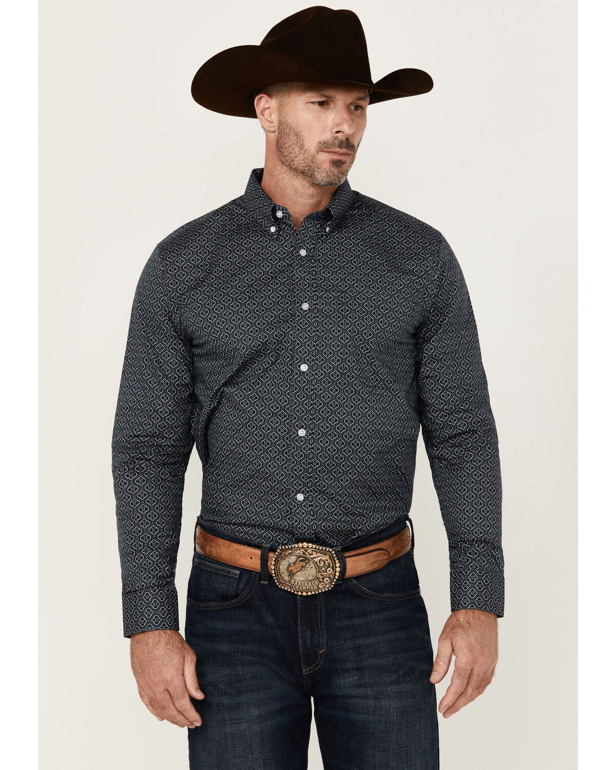 Image #1 - Cody James Men's Slingshot Geo Print Long Sleeve Button-Down Stretch Western Shirt, Navy, hi-res