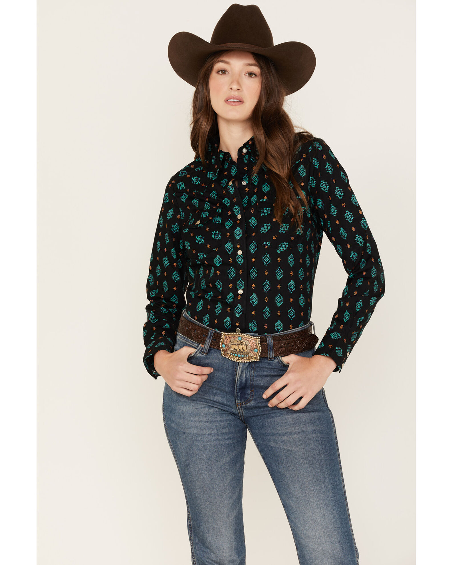 Wrangler Women's Southwestern Geo Print Long Sleeve Snap Western Shirt -  Country Outfitter